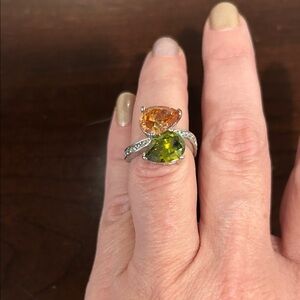 Elegant Faux Silver, Cubic Zirconia, Peridot and Citrine Ring